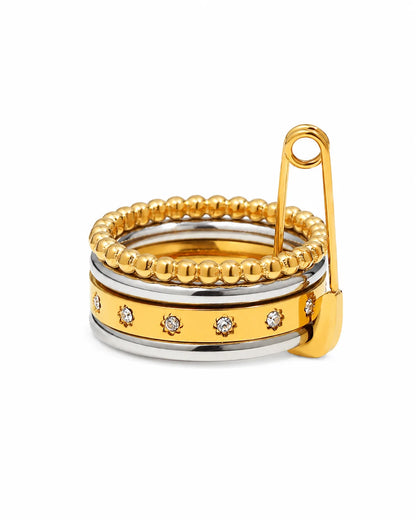 Sicherheitsnadel Layering Ring aus 18K vergoldetem Titanstahl mit Zirkonia