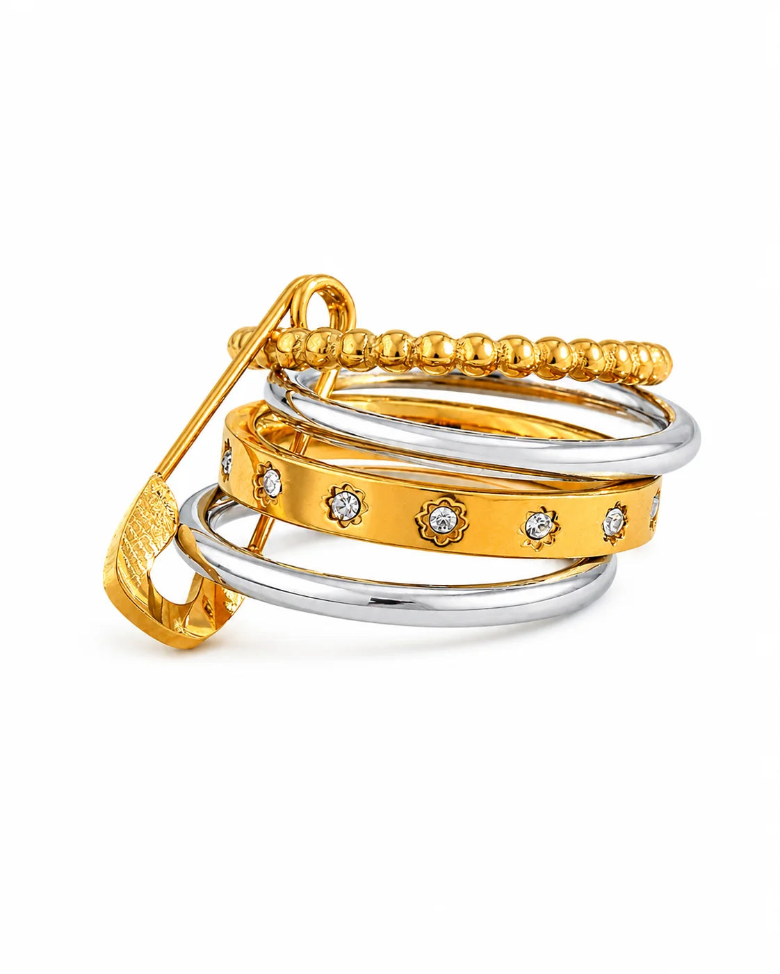 Vergoldeter Layering Ring mit Sicherheitsnadel Design und silberfarbenen Akzenten