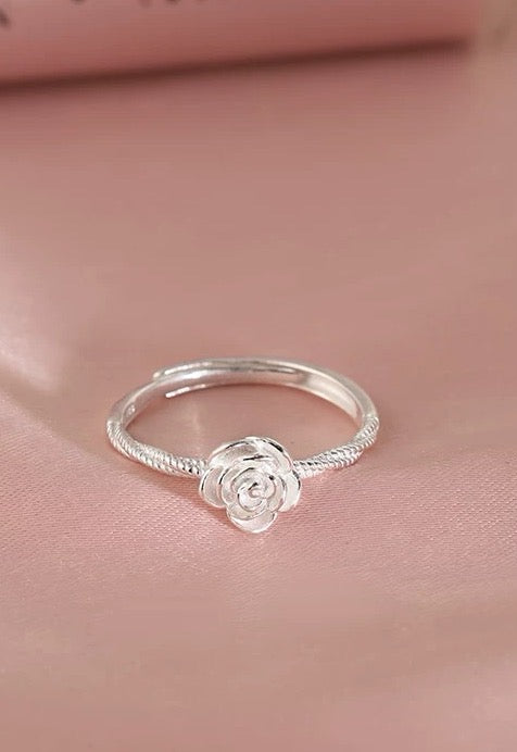 925er Silberring mit Rose – handgearbeitet, verstellbar, romantisches Design für Damen