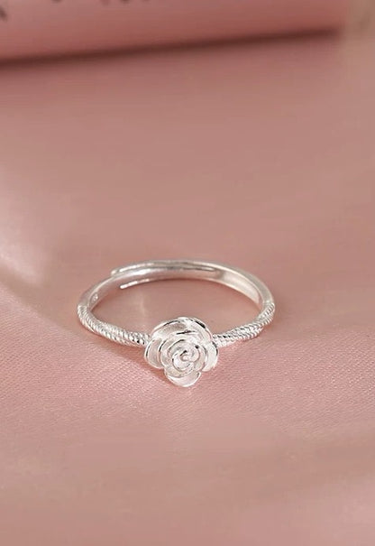 925er Silberring mit Rose – handgearbeitet, verstellbar, romantisches Design für Damen