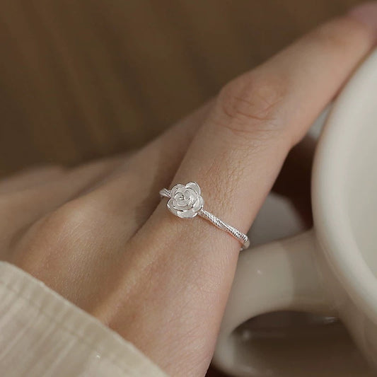 925er Silberring mit Rose – handgearbeitet, verstellbar, romantisches Design für Damen