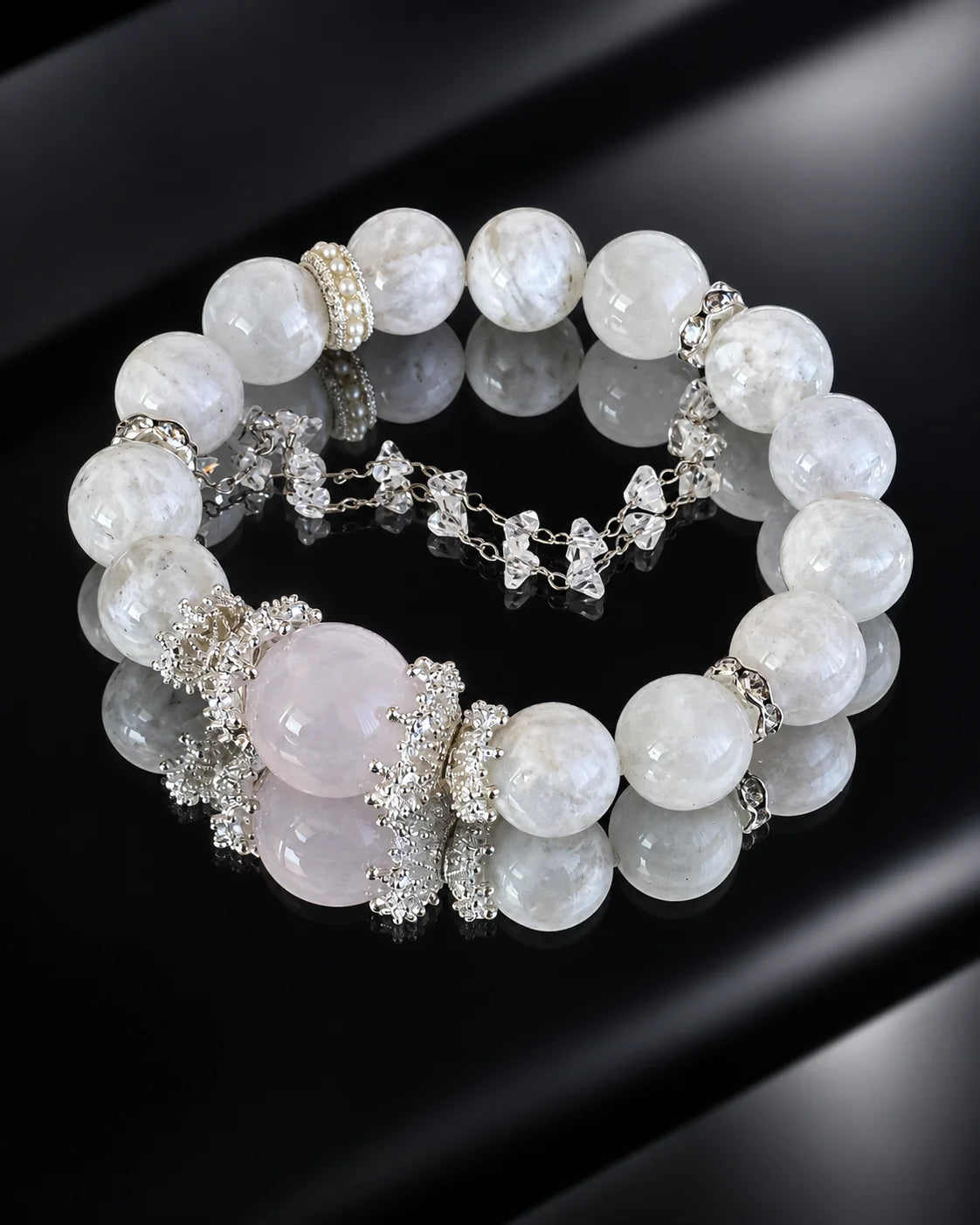 Naturstein Armband mit Rosenquarz und hellem Phantomquarz