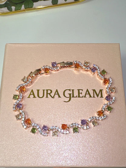 Exquisites, kupfervergoldetes Roségold-Armband "Sofia" mit farbenfrohen Zirkonia-Steinen in einer luxuriösen, verschlungenen Struktur