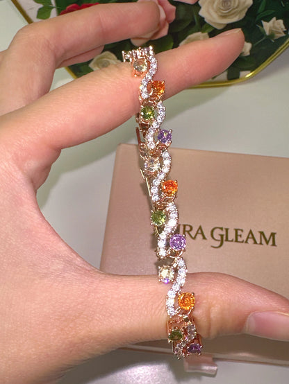 Exquisites, kupfervergoldetes Roségold-Armband "Sofia" mit farbenfrohen Zirkonia-Steinen in einer luxuriösen, verschlungenen Struktur