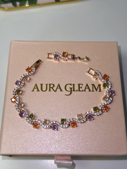 Exquisites, kupfervergoldetes Roségold-Armband "Sofia" mit farbenfrohen Zirkonia-Steinen in einer luxuriösen, verschlungenen Struktur