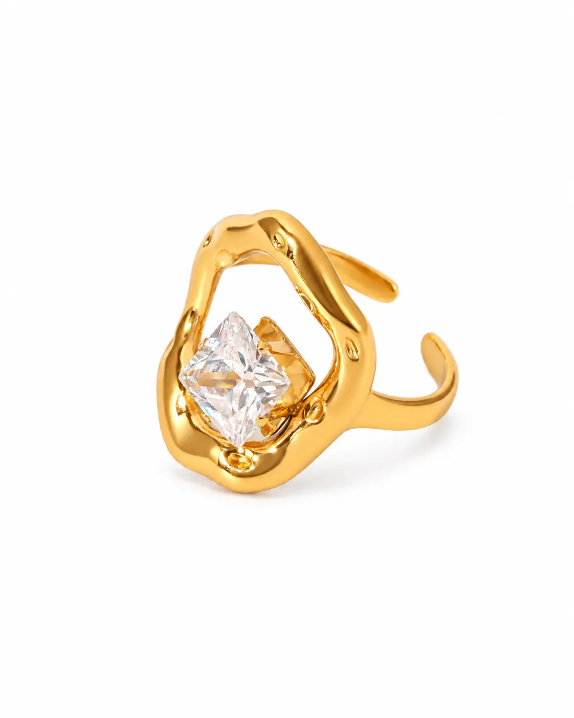 Solarlicht goldener Zirkonia Ring mit großem klarem Stein und offenem Design