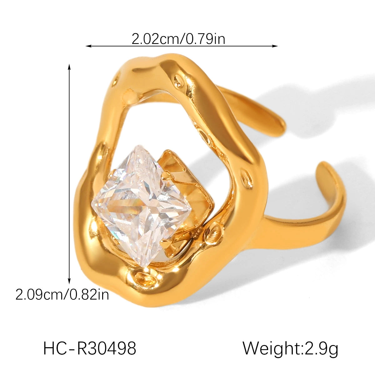 Goldener Edelstahlring mit zentralem Zirkonia in modernem, organischen Design – verstellbar, glänzend und elegant
