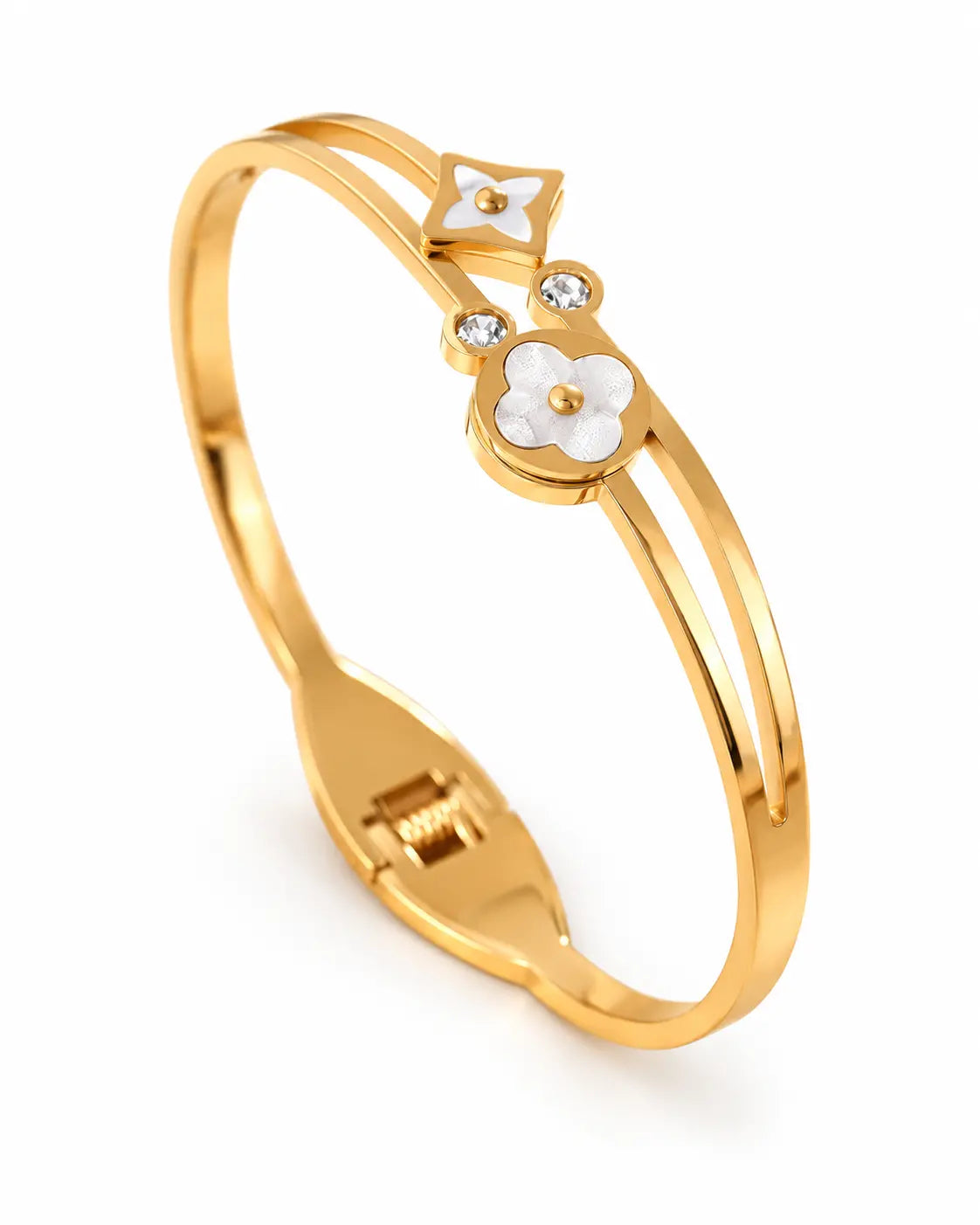 Solène goldener Perlmutt Blumen Armreif mit Zirkonia und asymmetrischem Doppelband