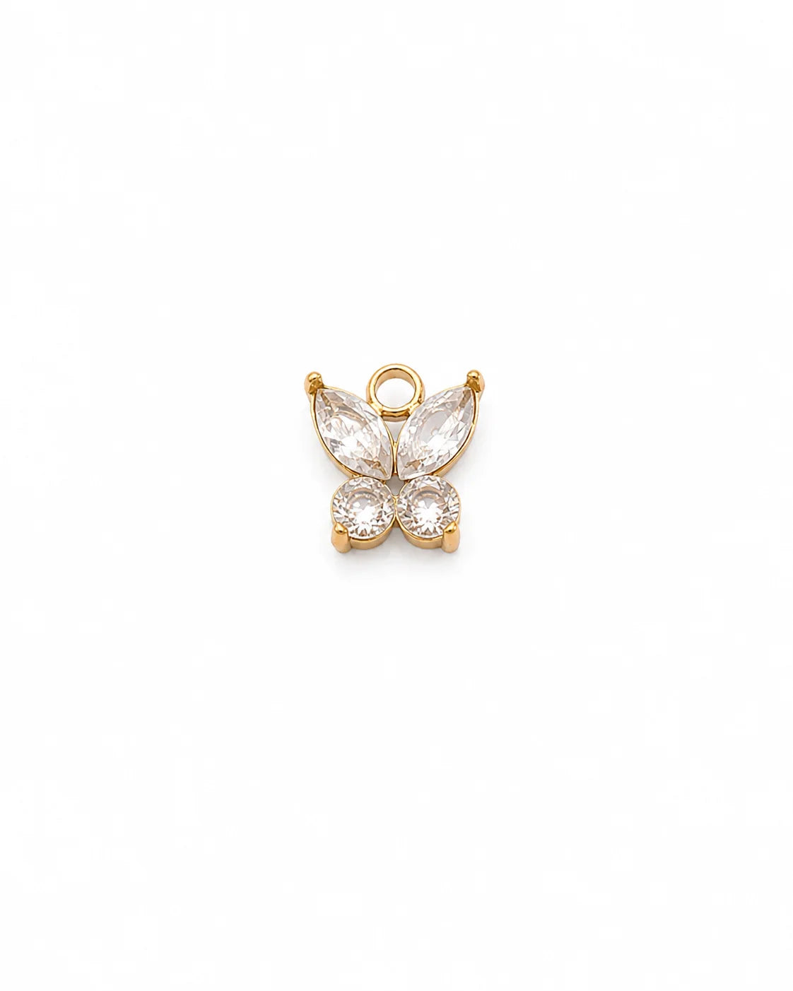 Goldener Anhänger aus 18K vergoldetem Titanstahl in Form eines Schmetterlings, dessen Flügel aus vier großen, klaren Zirkonia-Kristallen bestehen, für personalisierbare Armbänder und Ketten
