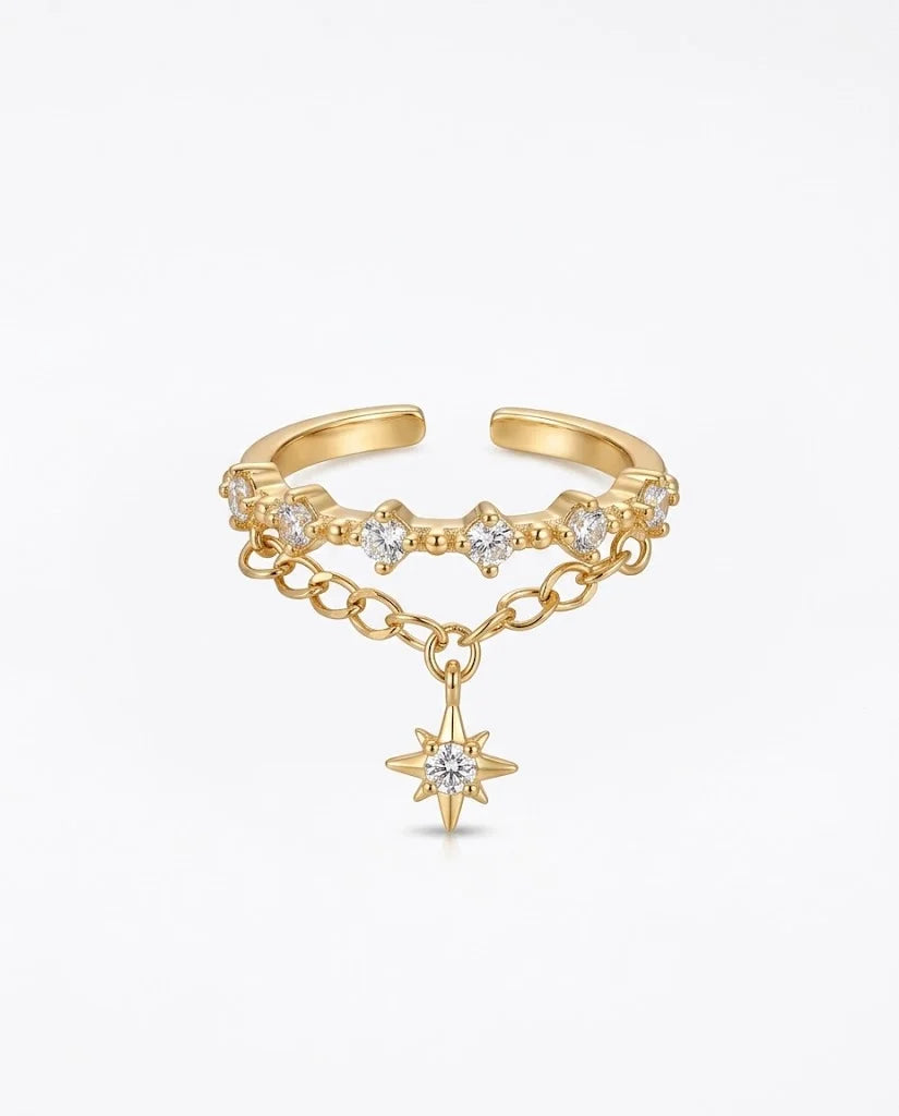 Stern Charm Ring aus vergoldetem Messing mit Zirkonia und Kettenanhänger
