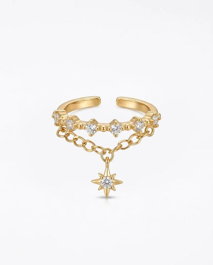 Stern Charm Ring aus vergoldetem Messing mit Zirkonia und Kettenanhänger