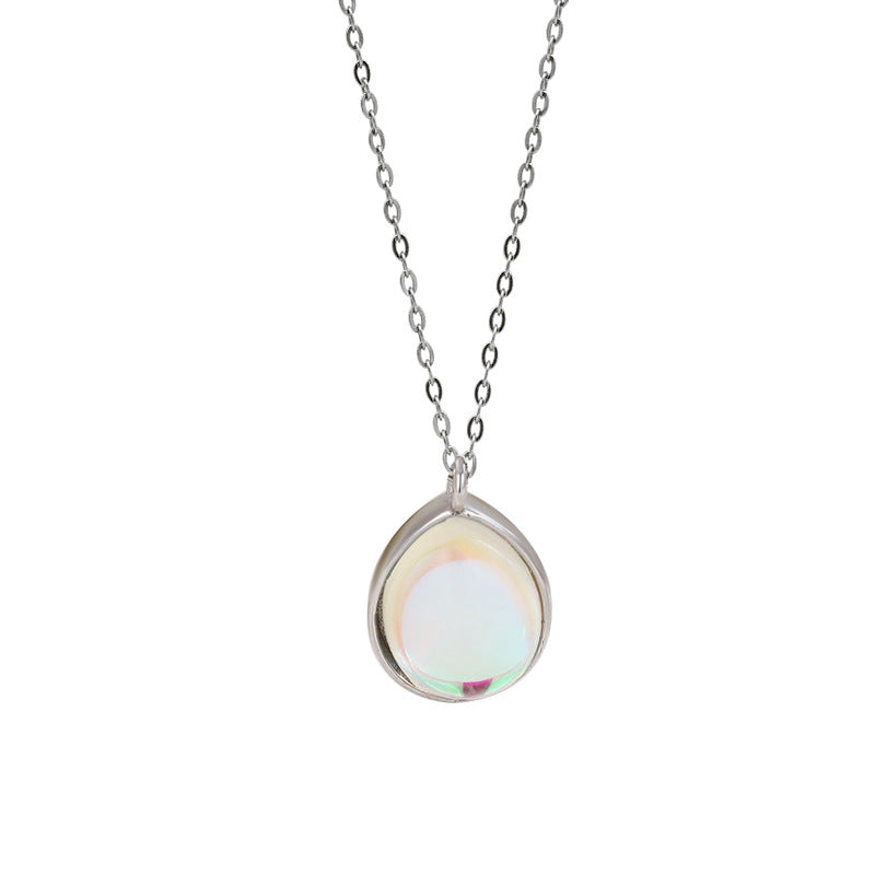 Zarte Halskette aus 925er Silber mit tropfenförmigem, regenbogenfarbenem Mondstein-Anhänger – eleganter Schmuck für Damen