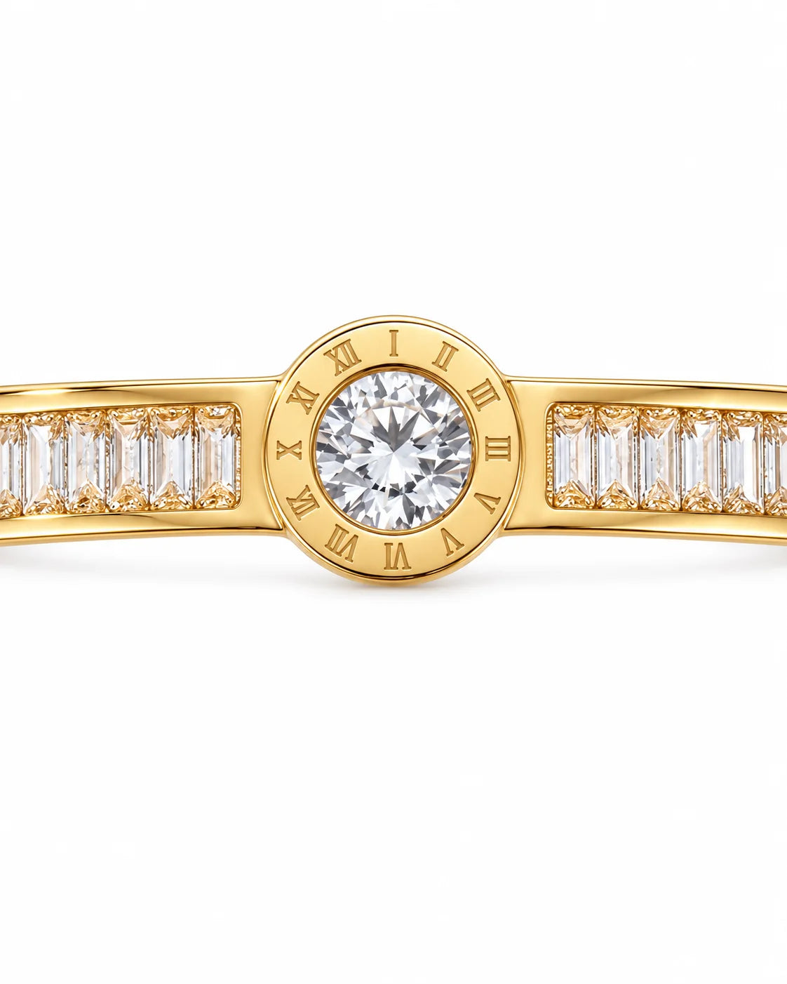 Goldener Armreif mit Baguette Zirkonia und rundem Mittelstein