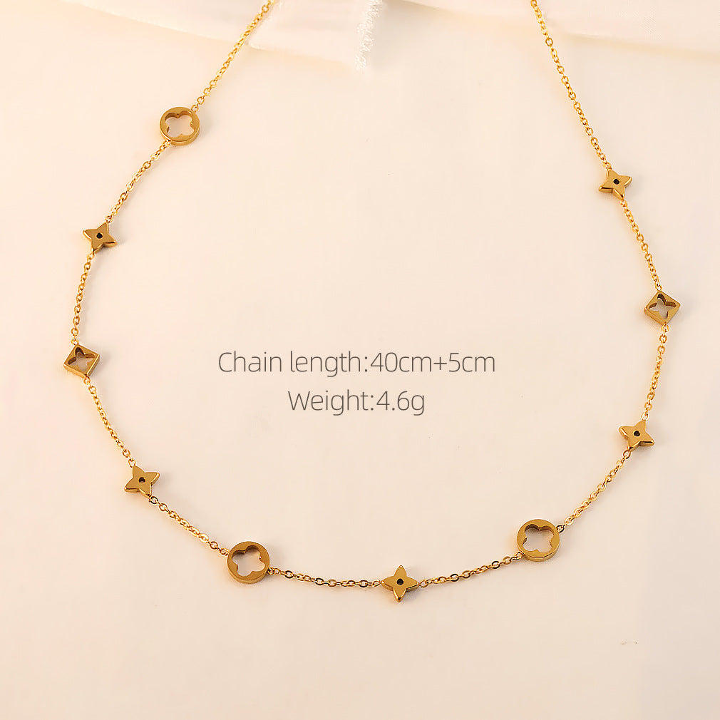 Vergoldete Titanstahl-Halskette mit Kleeblatt- und Sternsymbolen