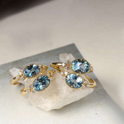 Vergoldeter S925 Silber Ring mit Aquamarin und Moissanit