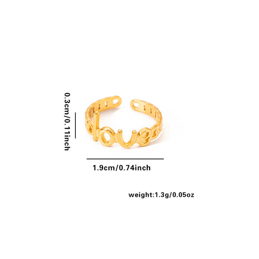 Goldener Edelstahlring mit dem Wort „love“ im Schriftzug-Design und glänzender Oberfläche