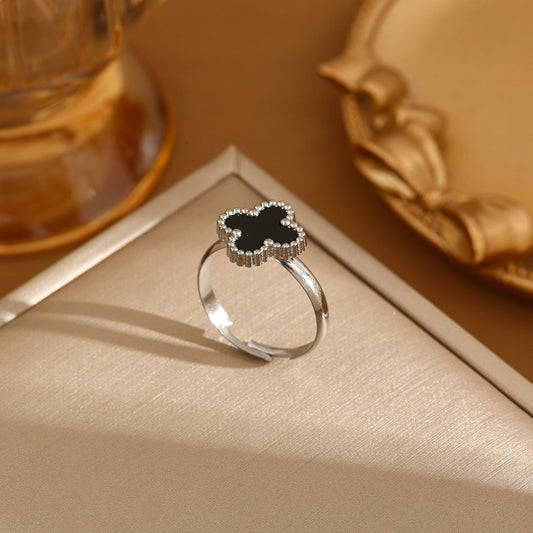 Silberring 990 mit schwarzem Achat in vierblättriger Kleeblattform, verstellbar, minimalistisches Design