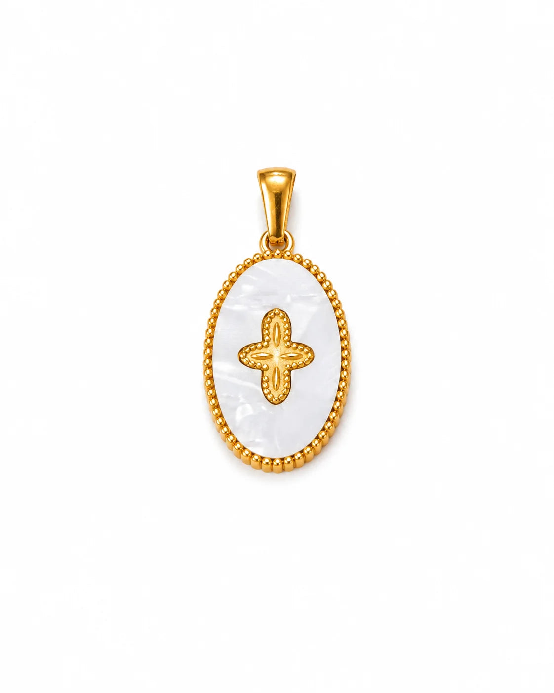 Ovaler, goldener Anhänger aus 18K vergoldetem Titanstahl mit weißem Inlay, goldenem Kreuz-Motiv und umlaufender Kugelbordüre für personalisierbare Armbänder und Ketten