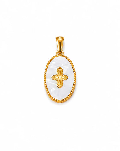 Ovaler, goldener Anhänger aus 18K vergoldetem Titanstahl mit weißem Inlay, goldenem Kreuz-Motiv und umlaufender Kugelbordüre für personalisierbare Armbänder und Ketten