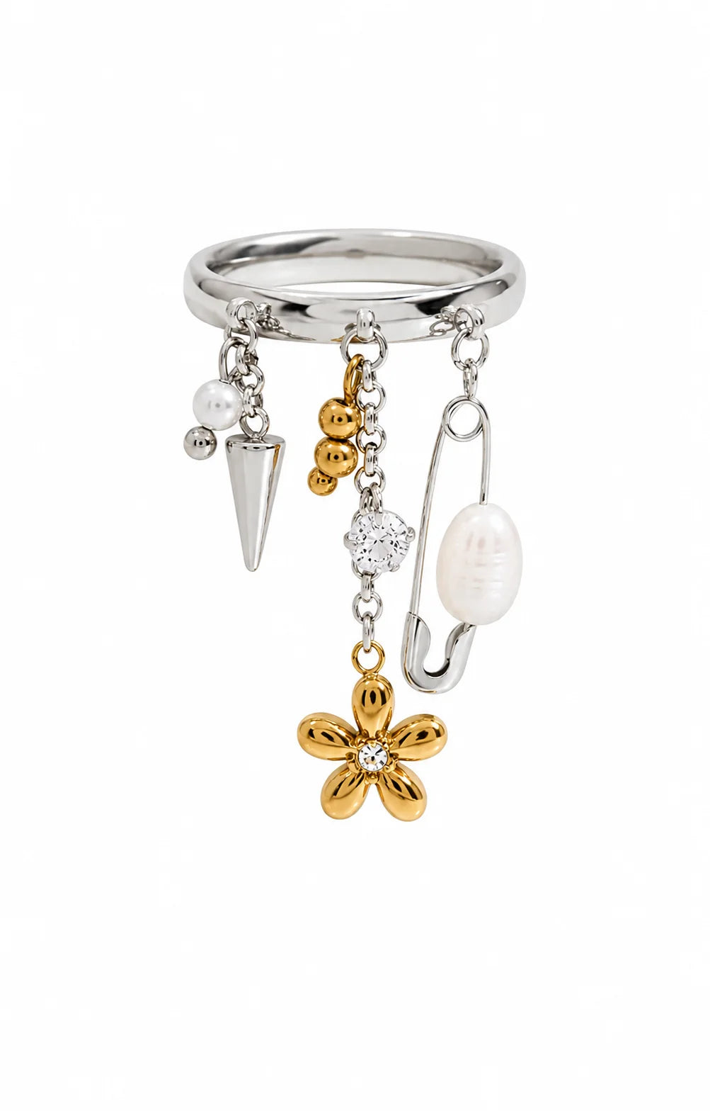 Silberner Ring aus Titanstahl mit verschiedenen baumelnden Charms wie einer Sicherheitsnadel, Perlen, einem Spike und einer 18K vergoldeten Blume