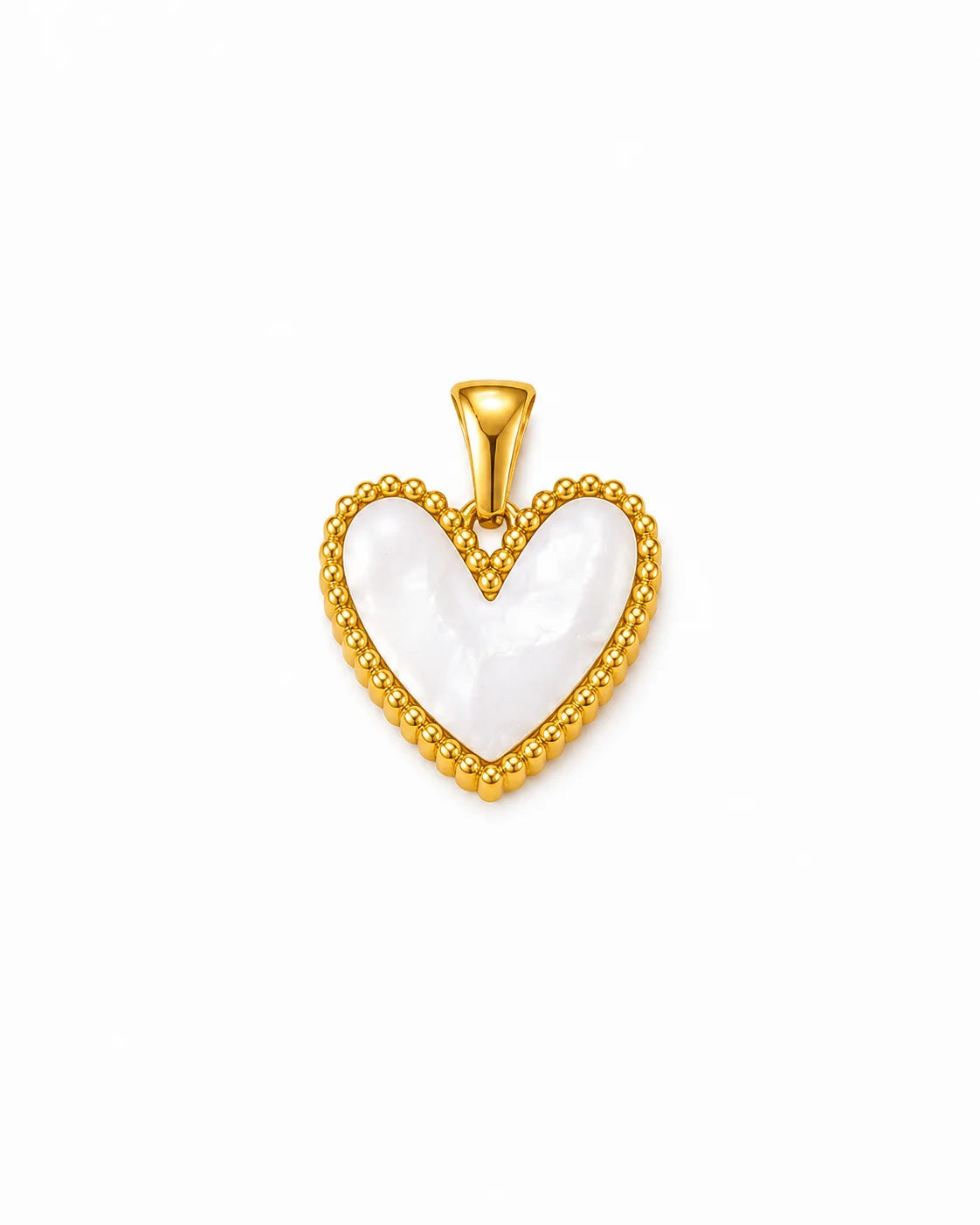 Goldener Herz-Anhänger aus 18K vergoldetem Titanstahl mit einem glänzenden weißen Inlay und umlaufender Kugelbordüre für personalisierbare Armbänder und Ketten