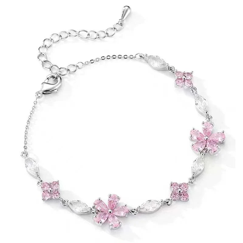 Massives 925 Sterling Silber Armband "Yuna" mit rosa Kirschblüten aus Zirkonia und silbernen Blättern