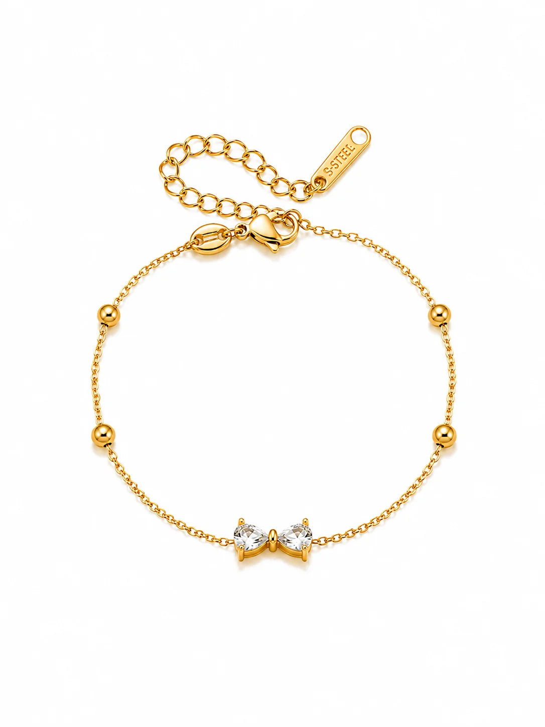Zartes Zirkonia-Schleifen Armband aus 18K vergoldetem Titanstahl mit goldenen Perlen-Akzenten an der feinen Kette