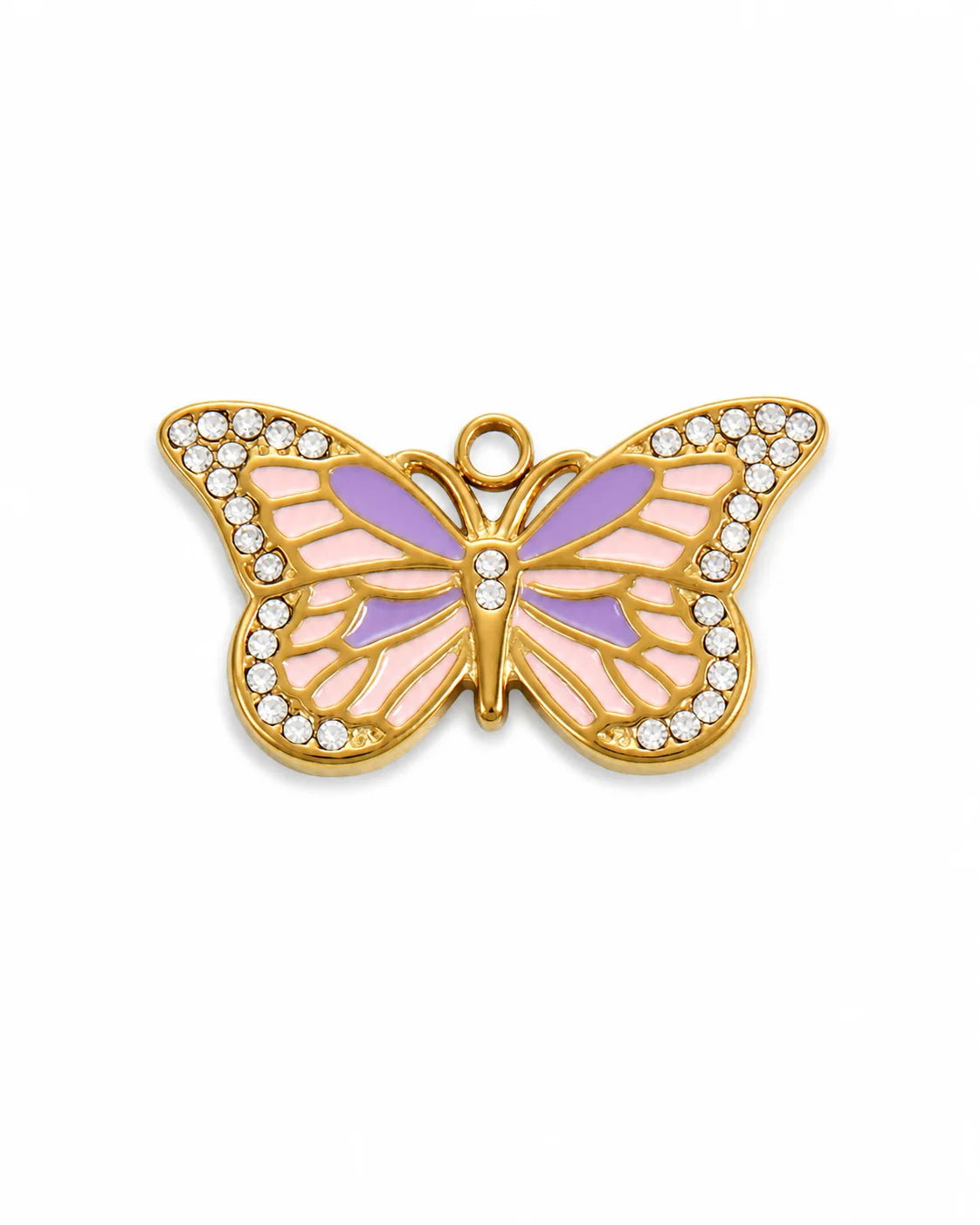 Zoe Schmetterling Charm aus vergoldetem Titanstahl mit rosa-lila Emaille und Zirkonia