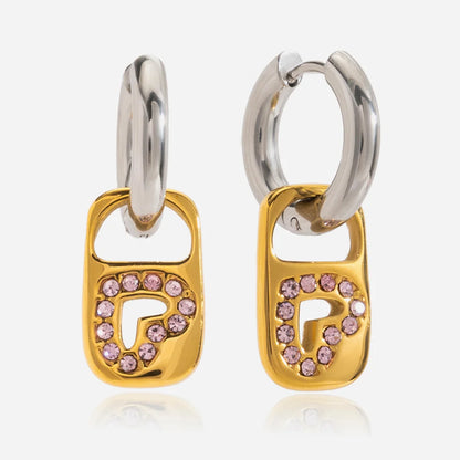 Bi-Color Ohrringe "Zoe" aus Edelstahl: Silberne Creolen mit goldenem Dosenlaschen-Anhänger und rosa Herz-Kristallen