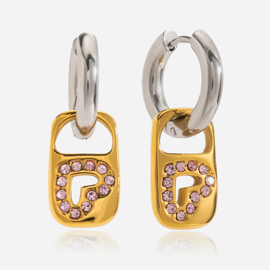 Bi-Color Ohrringe "Zoe" aus Edelstahl: Silberne Creolen mit goldenem Dosenlaschen-Anhänger und rosa Herz-Kristallen