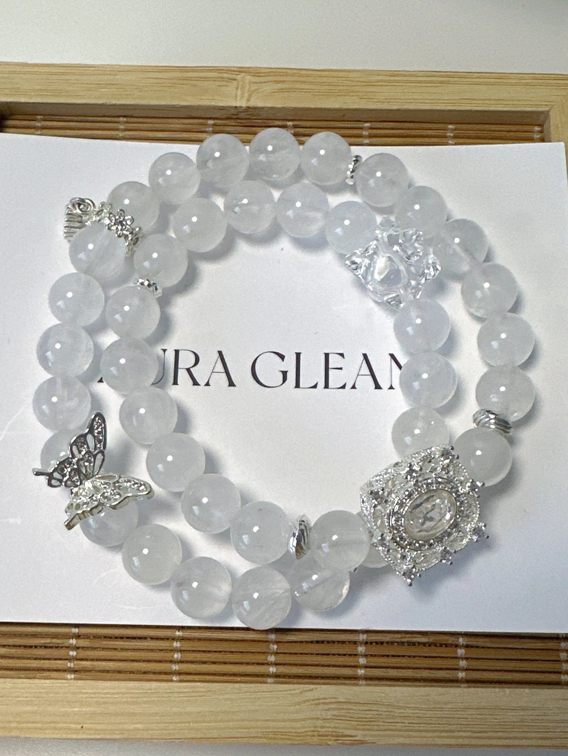 Double Wrap Crystal Bracelet with White Phantom Quartz