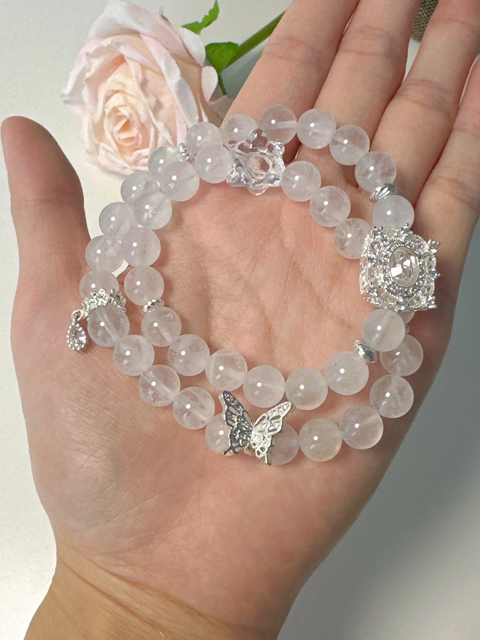 Double Wrap Crystal Bracelet with White Phantom Quartz