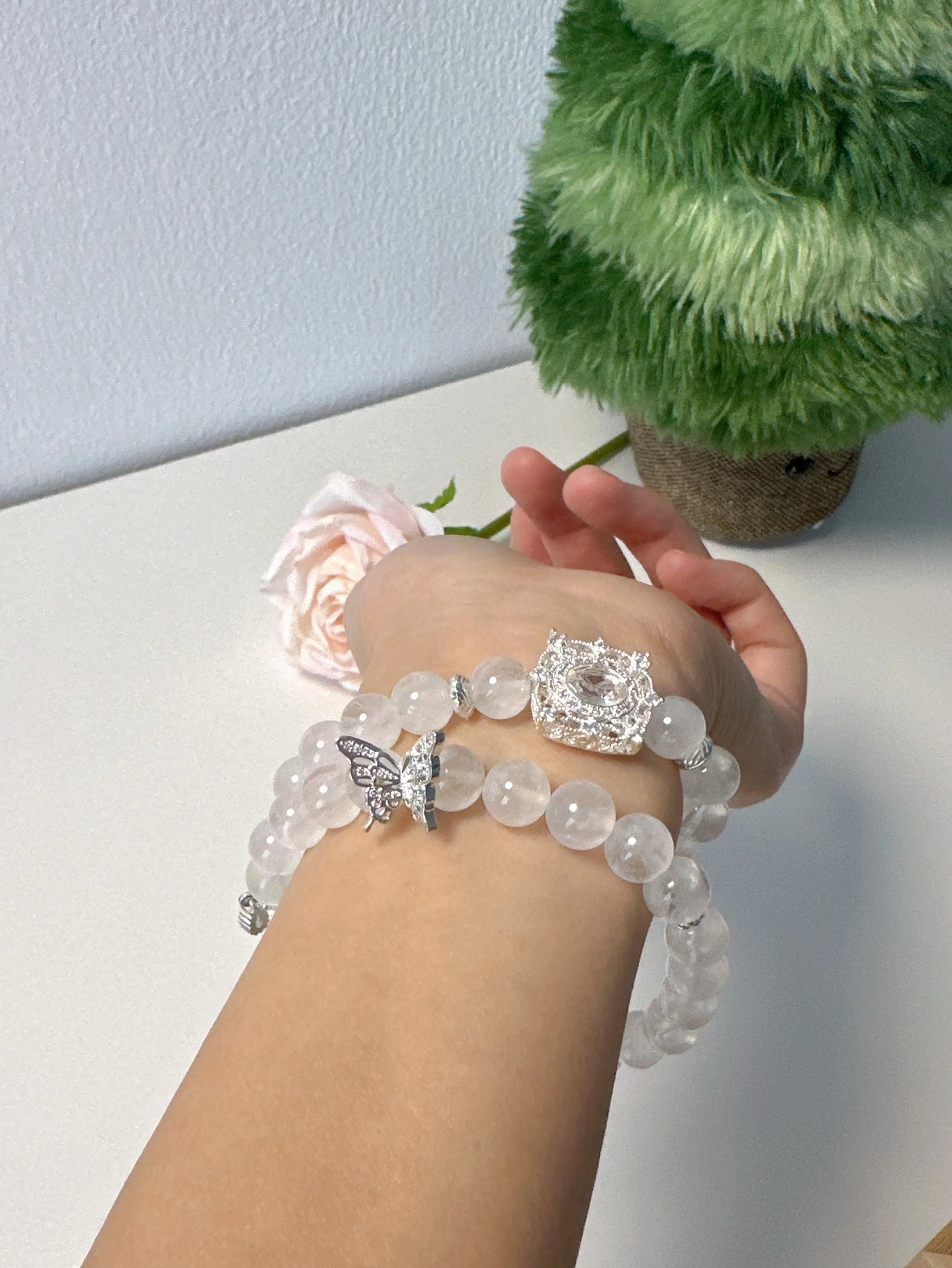 Double Wrap Crystal Bracelet with White Phantom Quartz