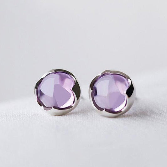 „Amethyst Blüte“ – S925 Silber Ohrstecker mit natürlichem Amethyst, rundes Design - AuraGleam