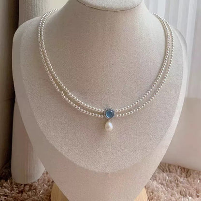 Aqua Elegance Halskette – Feine Doppelstrang - Kette mit Swarovski Kristallperlen, Aquamarin & 925er Silber - AuraGleam