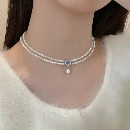Aqua Elegance Halskette – Feine Doppelstrang - Kette mit Swarovski Kristallperlen, Aquamarin & 925er Silber - AuraGleam
