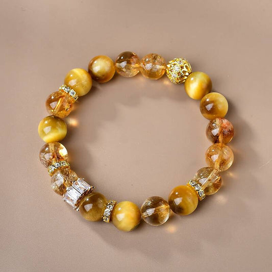 Strahlendes Armband mit 10mm Azer Yellow Quarz und goldenem Tigerauge – facettierte Edelsteinperlen mit funkelnden Zirkonia-Zwischenteilen in Goldfassung