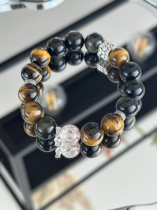 Maskulines Armband aus Goldobsidian, Tigerauge und Black Super Seven – Schutz, Selbstvertrauen und spirituelle Kraft für moderne Männer