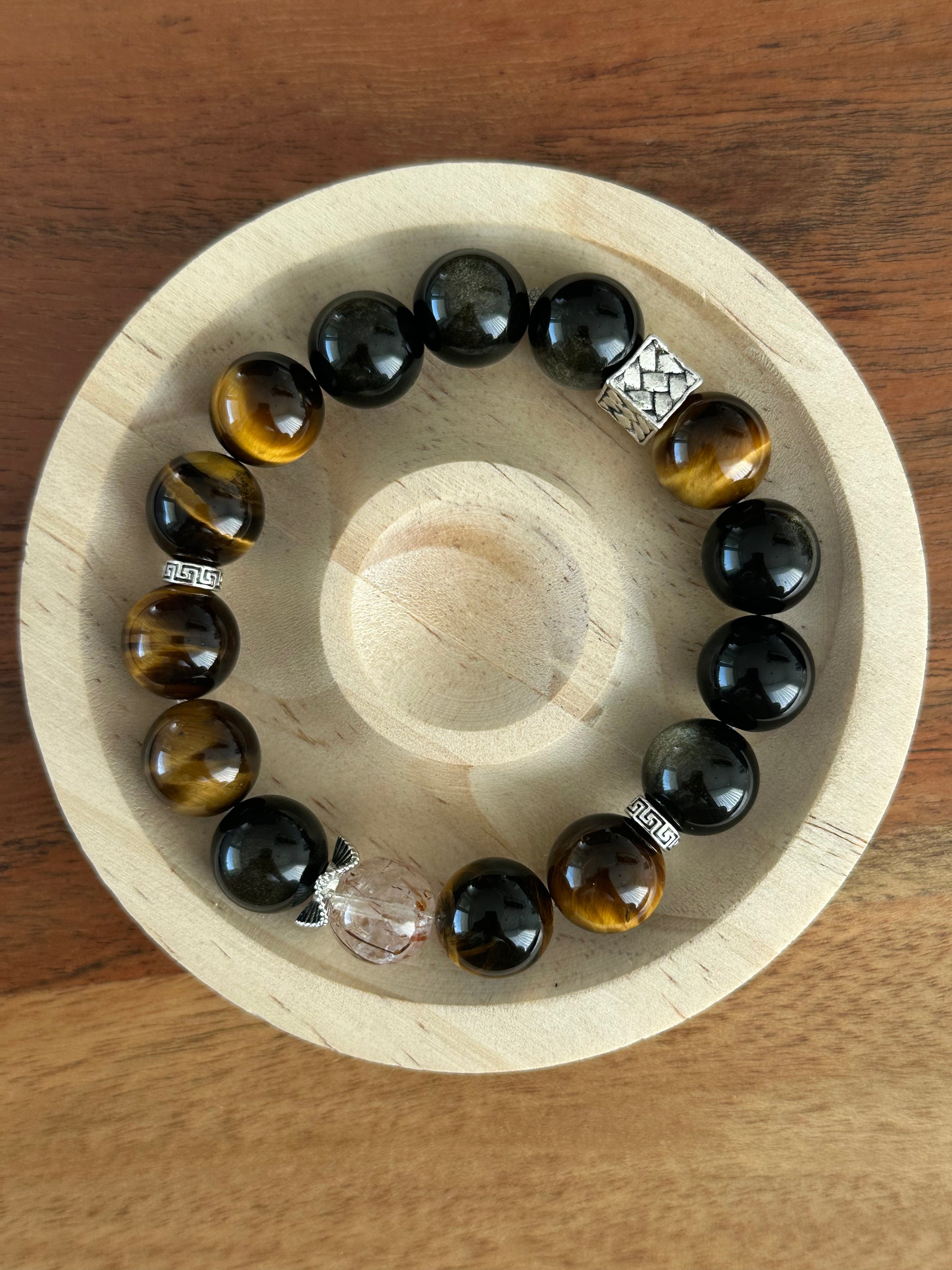 Maskulines Armband aus Goldobsidian, Tigerauge und Black Super Seven – Schutz, Selbstvertrauen und spirituelle Kraft für moderne Männer