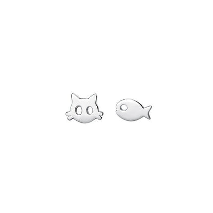 Cat & Fish – S925 Silber Ohrstecker Set im asymmetrischen Design - AuraGleam
