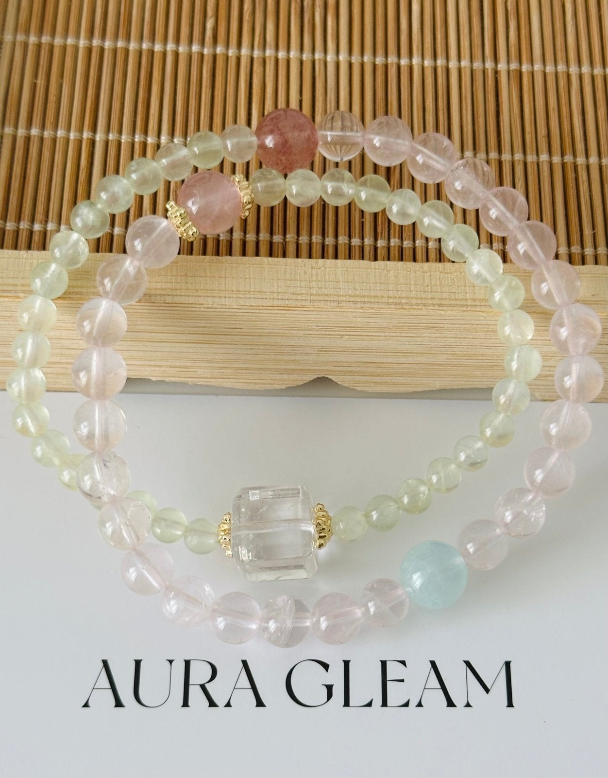 „Crystal Harmony“ – Natürliche Heilstein - Multilayer - Armband aus Prehnit, Rosenquarz, Aquamarin & mehr - AuraGleam