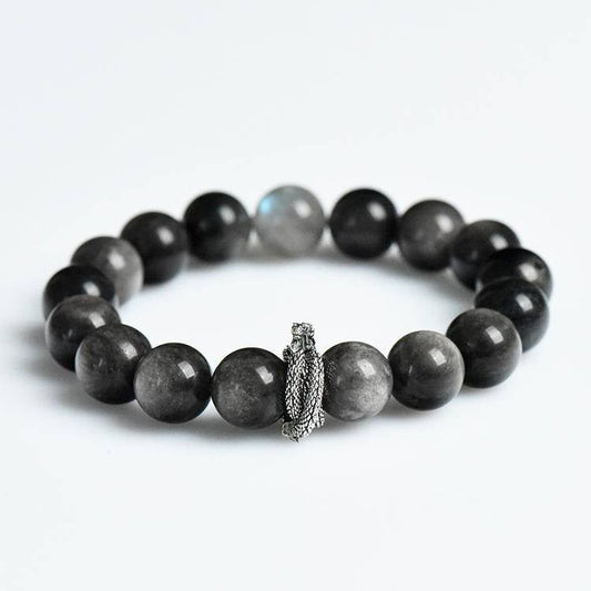 Dragon Veil – Herrenarmband aus Silberobsidian & grauem Mondstein 12mm - AuraGleam