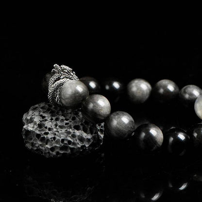 Dragon Veil – Herrenarmband aus Silberobsidian & grauem Mondstein 12mm - AuraGleam