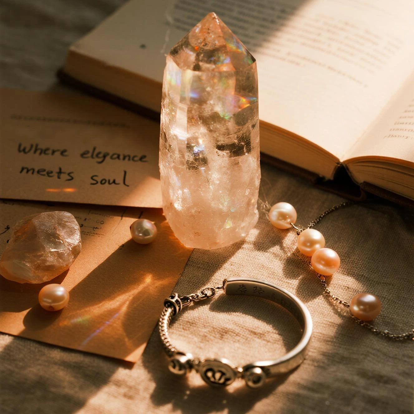 Armband mit Kristall und Perlen im Sonnenlicht, umgeben von Buch und Edelsteinen
