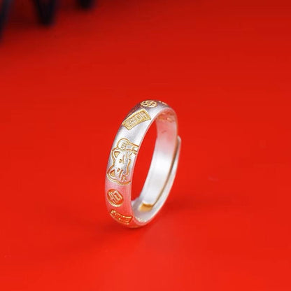 Lucky Cat Ring – Verstellbarer Ring aus 999er Feinsilber mit Golddekor - AuraGleam