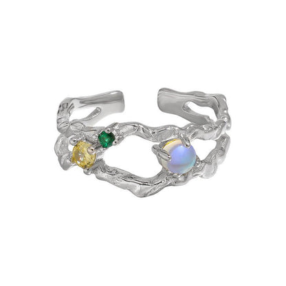 Lunaria Ring – Offener Damenring aus 925er Silber mit Mondstein und bunten Zirkonia - AuraGleam