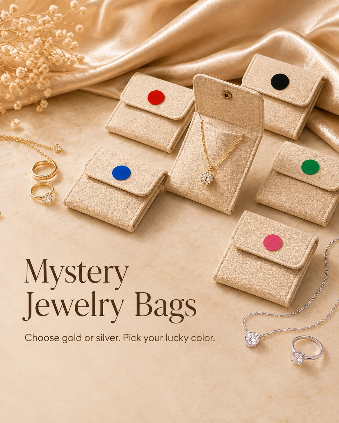 AuraGleam Mystery Jewelry Bags with gold and silver jewelry