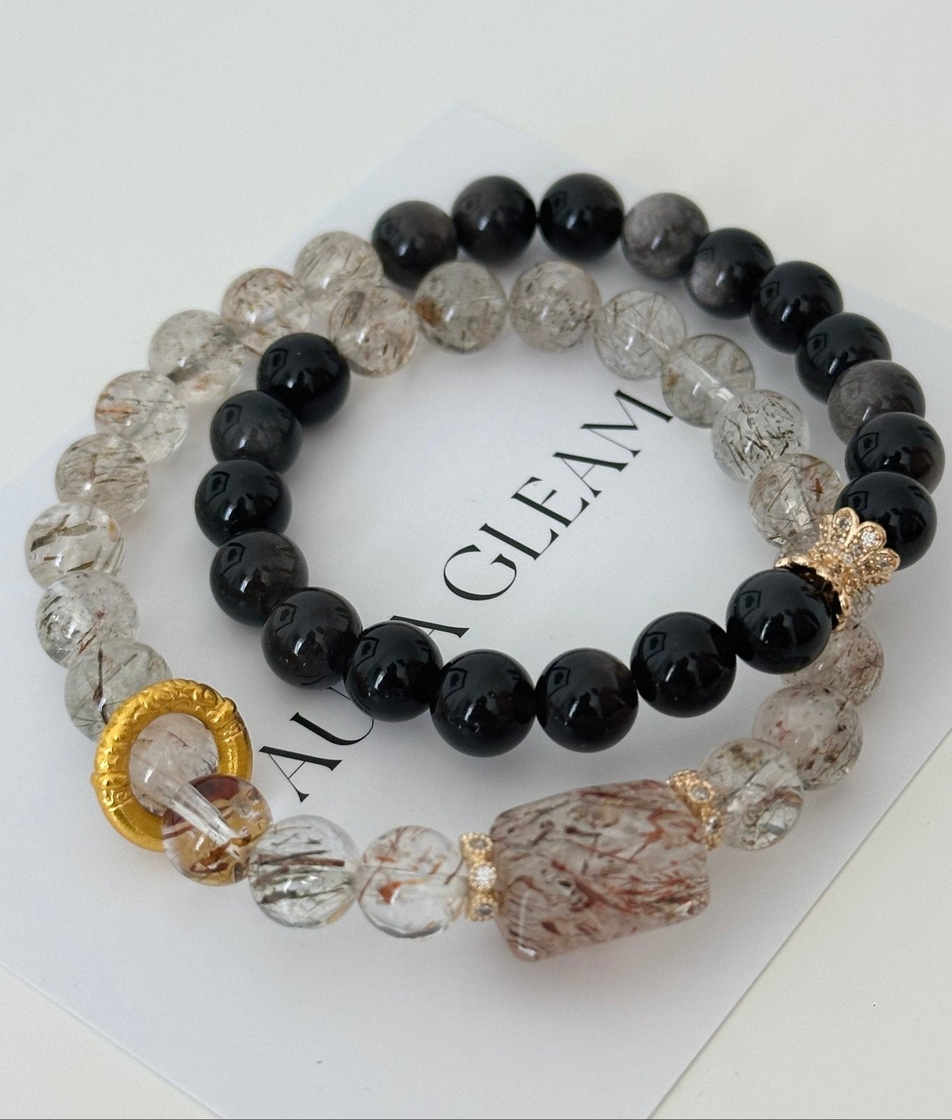 Mystic Duality – Doppel - Armband aus Super Seven & Schwarzem Goldobsidian (Originaldesign) - AuraGleam
