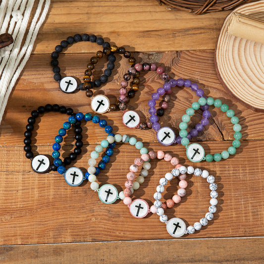 NFC-Armband mit Natursteinen und Kreuzanhänger – Bibelvers-Funktion über NFC für spirituelle Begleitung im Alltag