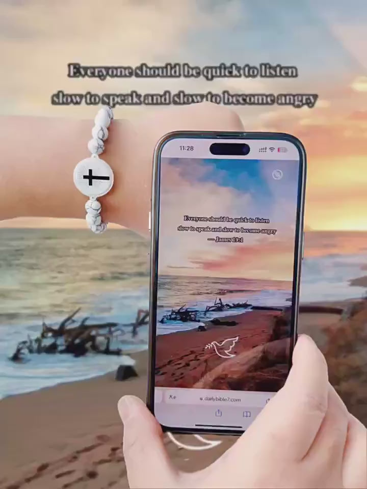 NFC-Armband mit Natursteinen und Kreuzanhänger – Bibelvers-Funktion über NFC für spirituelle Begleitung im Alltag